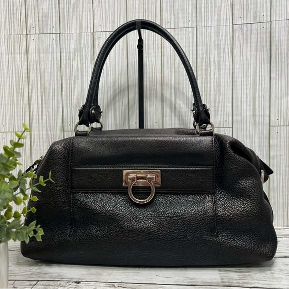 Salvatore Ferragamo Handbags - Salvatore Ferragamo Black Pebbled Leather Satchel Tote Bag Top Handle Purse